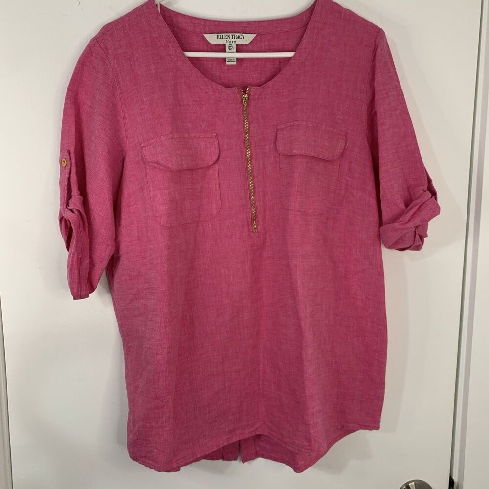 Ellen Tracy Linen Pink Linen Blend 1/4 Zip‎ Blouse Pockets Large NWOT READ